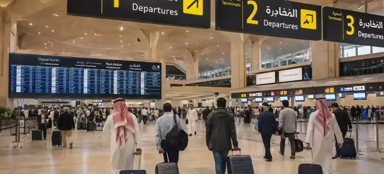 Busy departure hall at King Khalid International Airport in Riyadh, with travelers walking toward Terminals 1, 2, and 3 under large flight information displays.