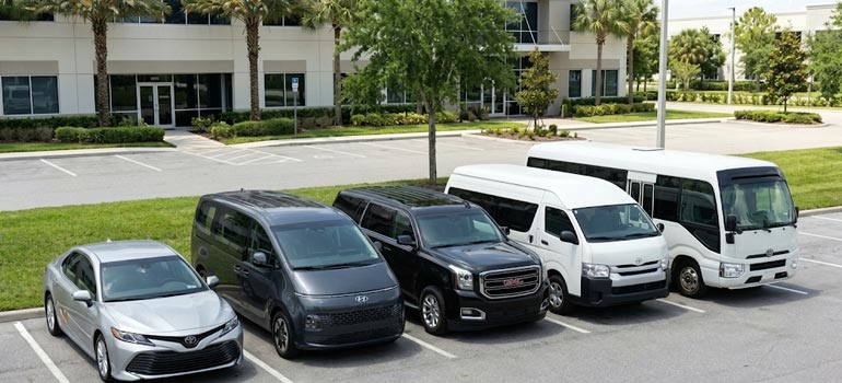 Fleet of private transport vehicles including sedans, vans and minibuses for hire in Jeddah.