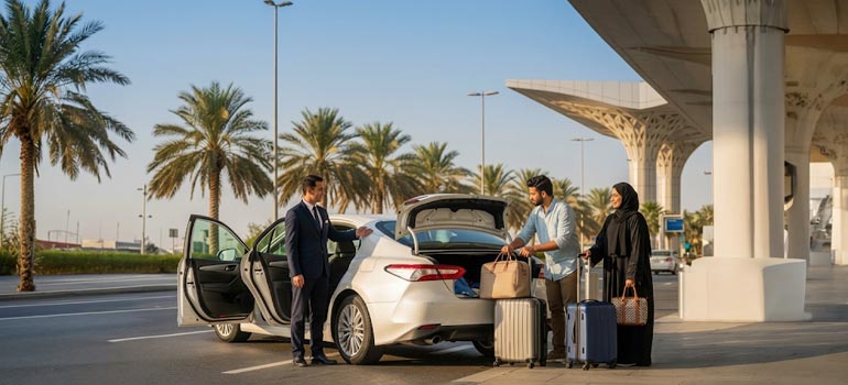 Professional chauffeur assisting passengers with luggage for private airport transfer service in Jeddah.